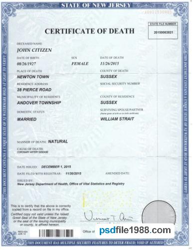 USA New Jersey Department of Health Death Certificate